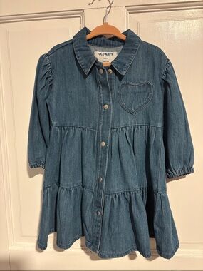 Old Navy Denim Tiered Button Dress in Blue with Heart Patch